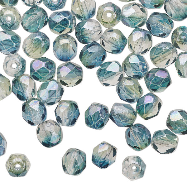 Bead 1pkg60 Czech fire-polished glass, 6mm faceted round, half-coated luster translucent green / teal image number 0