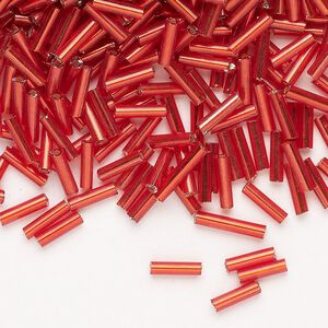 Bead, Ming Tree™, bugle bead, glass, pkg/1/4 pound, 1/4 inch, silver-lined translucent ruby red.