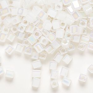 Seed bead, Miyuki, glass, pkg/25g, 3.5-3.7mm square, opaque rainbow white (SB-550R).