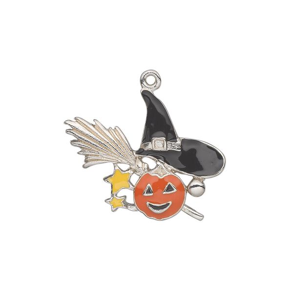 Charm, silver-plated "pewter" (zinc-based alloy) and enamel, orange / black / yellow, 25x19mm single-sided witch's hat, broom and pumpkin. Sold individually. image number 0