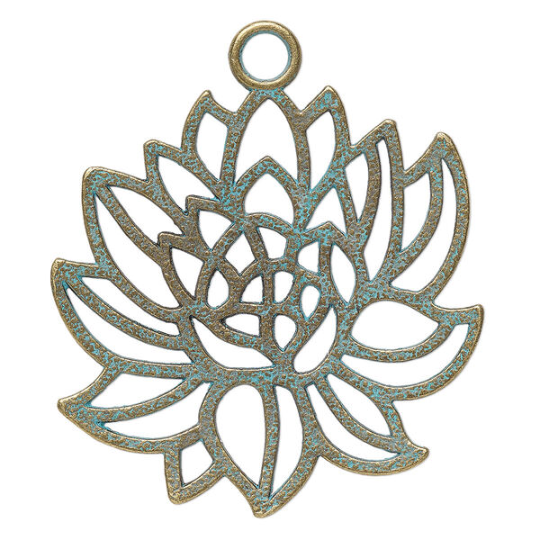 Focal, antique brass-finished "pewter" (zinc-based alloy), green patina, 42x41mm two-sided lotus. Sold per pkg of 2. image number 0