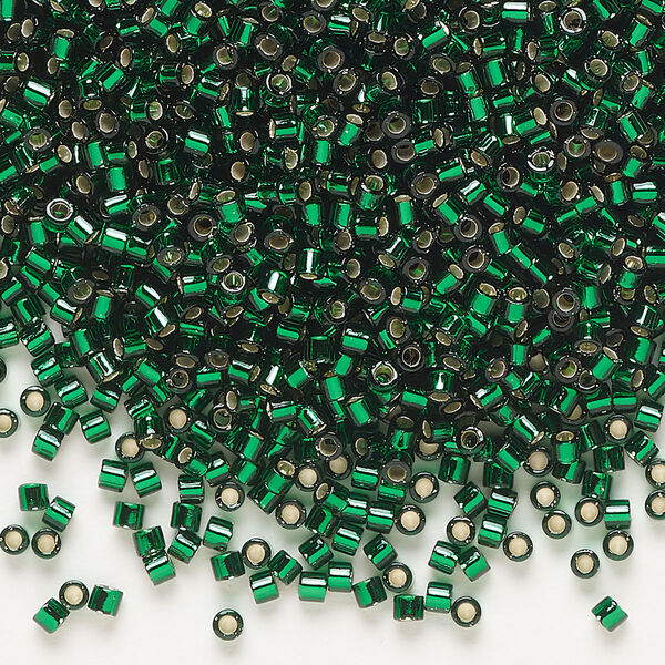 Seed bead, Delica®, glass, pkg/7.5g, #10 round, transparent silver-lined emerald (DBM-0148). image number 0