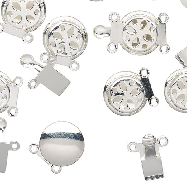 Clasp, 2-strand tab, silver-finished brass, 10mm round. Sold per pkg of 10. image number 0