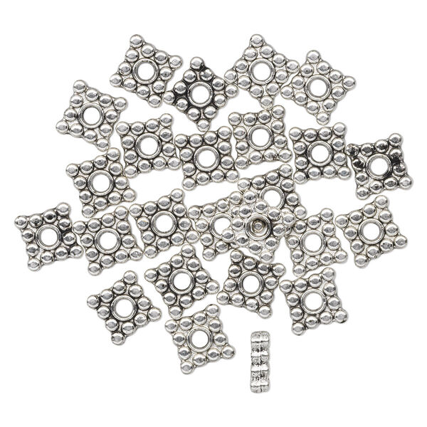Bead, antiqued "pewter" (zinc-based alloy), 6x2mm beaded square rondelle with dots. Sold per pkg of 24. image number 0