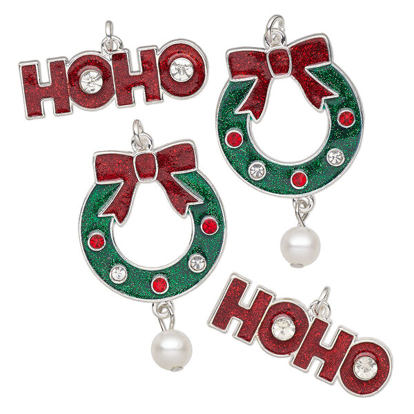 Focal, silver-finished "pewter" (zinc-based alloy) and enamel, multicolored, Christmas shapes. Sold per pkg of 4. image number 0