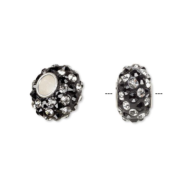 Bead, Dione®, Czech glass rhinestone / epoxy / sterling silver grommets, black and clear, 14x8mm rondelle with spiral design, 4.5mm hole. Sold individually. image number 0
