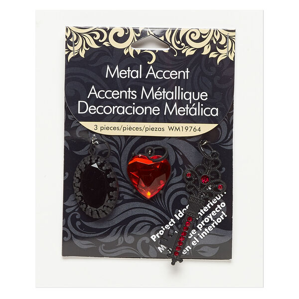 Focal / drop / charm, Metal Accent, acrylic / steel / "pewter" (zinc-based alloy), black and red, 19x19mm matte heart / 26x19mm matte oval / 50x19mm matte key. Sold per pkg of 3. image number 1