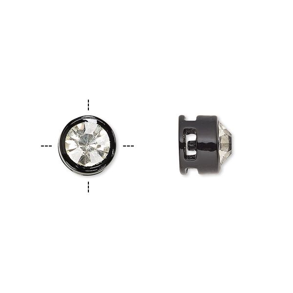 Spacer, glass rhinestone and painted "pewter" (zinc-based alloy), black and clear, 9x8mm cross-drilled round with 7mm chaton. Sold per pkg of 6. image number 0