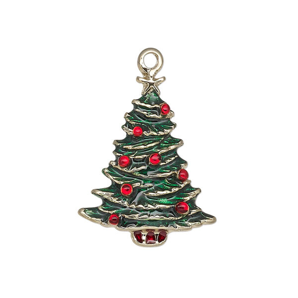 Charm, enamel and gold-finished "pewter" (zinc-based alloy), green and red, 26x20mm single-sided Christmas tree with star. Sold individually. image number 0