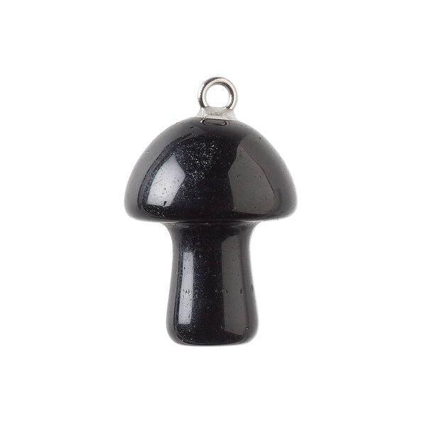 Drop, obsidian (natural) and imitation rhodium-plated brass, 20x15mm hand-carved 3D mushroom. Sold individually. image number 0