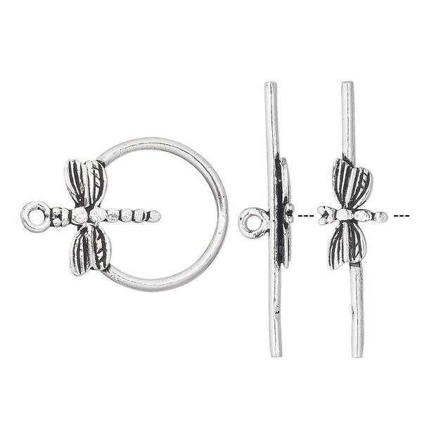 Clasp, toggle, antiqued sterling silver, 21x18mm round with dragonfly. Sold individually. image number 0