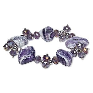 Bracelet, stretch, glass / lampworked glass / silver-coated acrylic, purple vitrail and white, 22mm wide with shell, 7 inches. Sold individually.