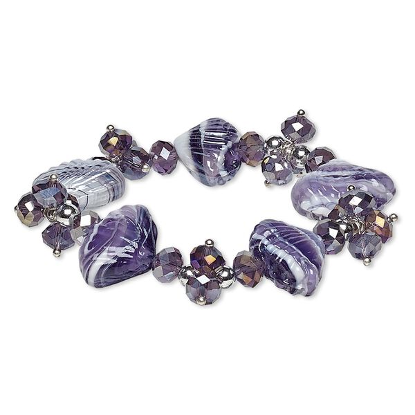 Bracelet, stretch, glass / lampworked glass / silver-coated acrylic, purple vitrail and white, 22mm wide with shell, 7 inches. Sold individually. image number 0