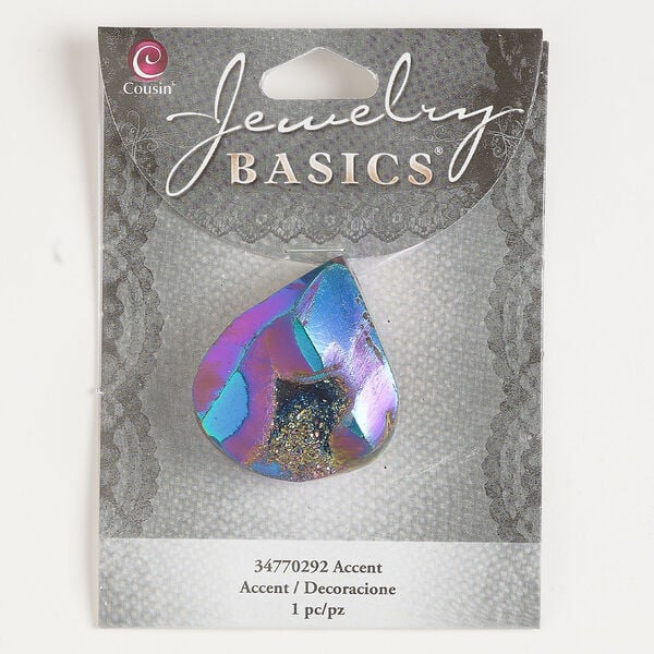 Focal 1pkg1, druzy quartz (coated), multicolored, 36x26mm-42x36mm top-drilled teardrop. image number 0