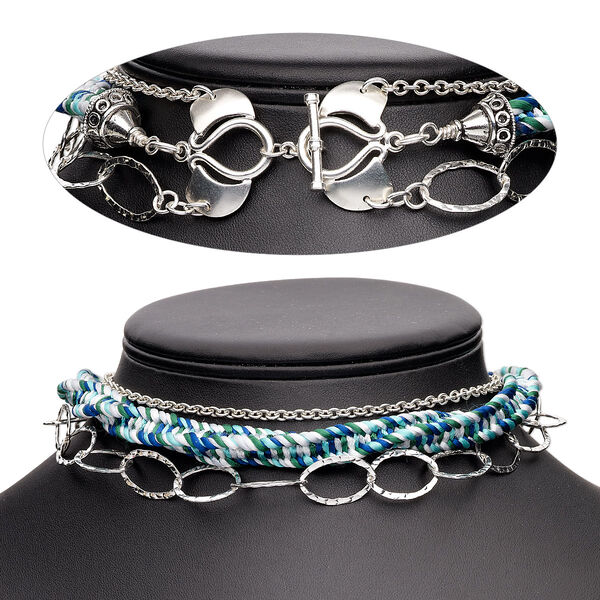 Necklace, One of a Kind Jewelry, sterling silver / fine silver / satin cord, blue variegated, 16 inches with toggle clasp. Only one available. image number 0