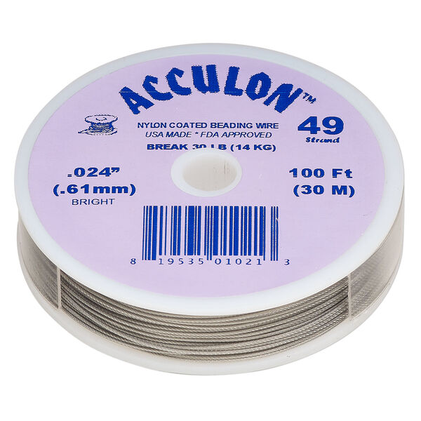 Beading wire, Acculon®, nylon-coated stainless steel, clear, 49 strand, 0.024-inch diameter. Sold per 100-foot spool. image number 0