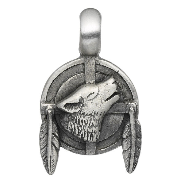 Pendant, Everyday Jewelry, "pewter" (zinc-based alloy), 39x24mm single-sided shield with howling wolf. Sold individually. image number 0
