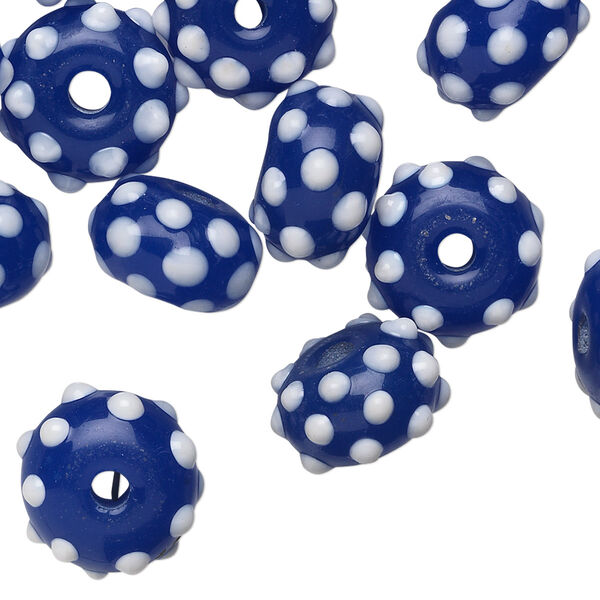 Bead, glass, blue/white, 13x9mm rondelle. Sold per pkg of 24. image number 0