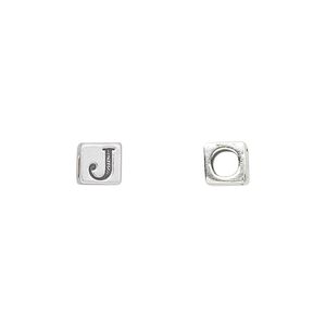 Bead, sterling silver, 5.5mm cube with alphabet letter "J." Sold individually.
