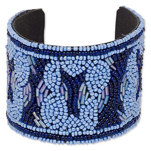 Bracelet, cuff, cotton / glass / steel, black / dark blue / light blue AB, 53mm wide with mosaic design, adjustable from 6-1/2 to 7 inches. Sold individually.