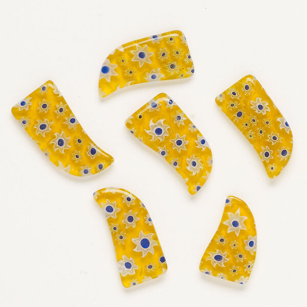 Component, millefiori glass, translucent honey and multicolored, 21x12mm-27x14mm undrilled talon. Sold per pkg of 6. image number 0