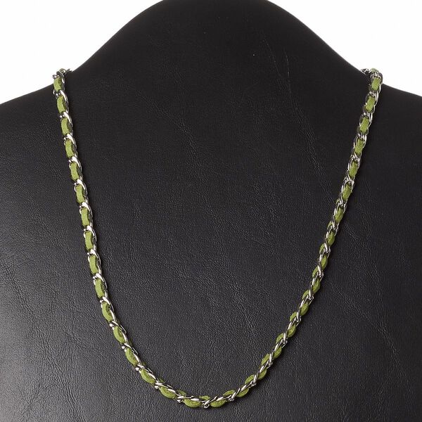 Necklace, faux suede / imitation rhodium-plated steel / silver-finished brass, light forest green, 6mm wide, 18 inches with 2-inch extender chain and lobster claw clasp. Sold individually. image number 0