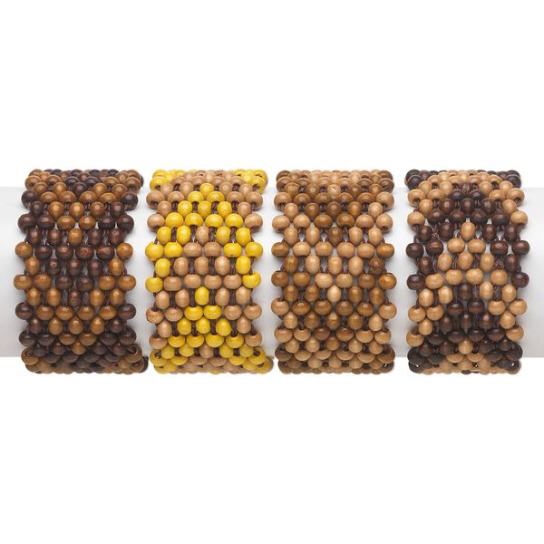 Bracelet mix, stretch, shandong maple wood (natural / dyed), multicolored, 47mm wide with 6x4mm rondelle and chevron pattern, 6 inches. Sold per pkg of 4. image number 0