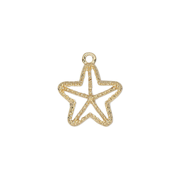 Charm, gold-finished "pewter" (zinc-based alloy), 16mm single-sided open starfish. Sold individually. image number 0