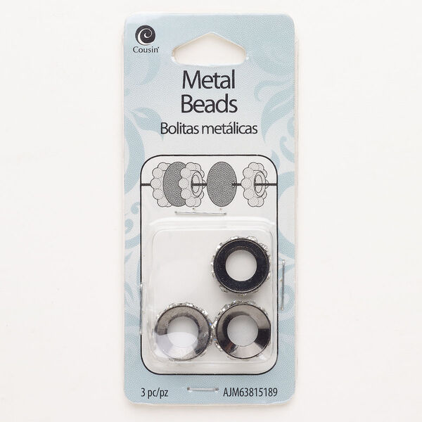 Bead, brass and glass, pkg/3, black finish and clear, 14x5mm large-hole rondelle. image number 0