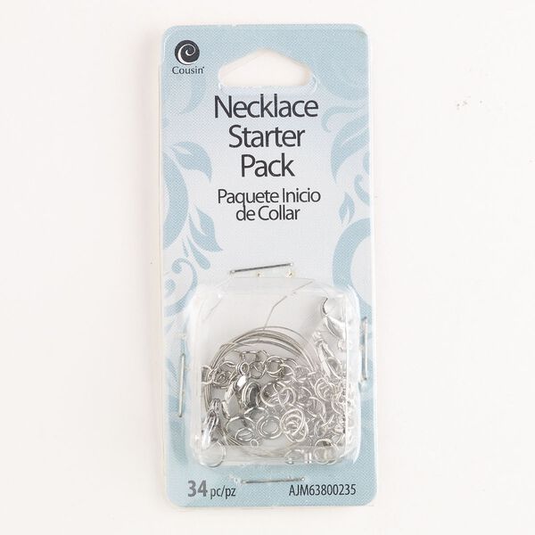 Necklace finding starter kit, steel and brass, pkg/1, mixed sizes and shapes, silver finish. image number 0