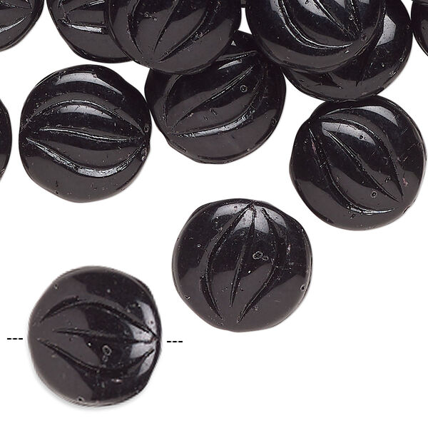 Bead, Czech pressed glass, opaque black, 14mm puffed flat round. Sold per 2-ounce pkg, approximately 37 beads. image number 0