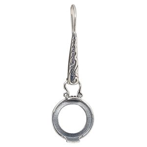 Earring fishhook 1pkg2 sterling silver, 42.5mm flourish marquise design / 12mm round cab 2-prong open back setting, 20 gauge antiqued 1 pair