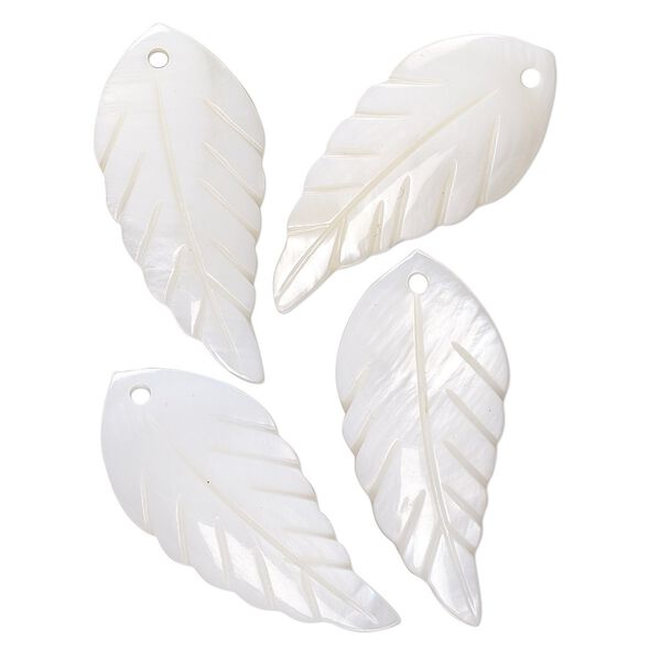 Focal, mother-of-pearl shell (natural), 30x13mm hand-cut top-drilled single-sided carved leaf, Mohs hardness 3-1/2. Sold per pkg of 4. image number 0