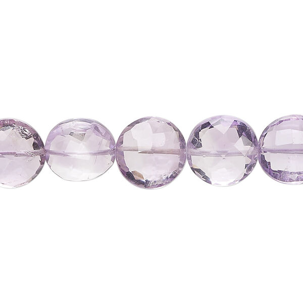 Bead, amethyst (natural), 10-12mm hand-cut faceted puffed flat round, B+ grade, Mohs hardness 7. Sold per 8-inch strand, approximately 20 beads. image number 0