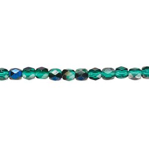 Bead, Czech fire-polished glass, green blue iris, 4mm faceted round. Sold per 15-1/2" to 16" strand.
