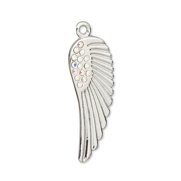 Focal, Czech glass rhinestone and imitation rhodium-plated pewter (tin-based alloy), clear AB, 30x12mm single-sided wing. Sold individually. image number 0
