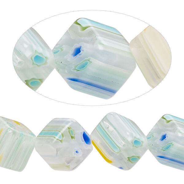 Bead, millefiori glass, translucent multicolored, 14x13mm-14mm diagonally-drilled cube with 0.6-0.8mm hole. Sold per 15-inch strand. image number 0