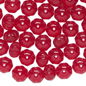 Bead, Czech glass, translucent red, 8x6mm corrugated rondelle. Sold per 1-ounce pkg, approximately 50 beads.