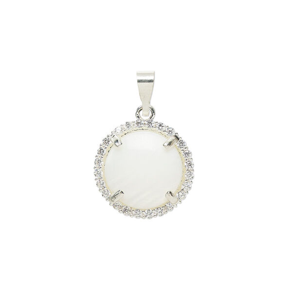 Pendant, glass rhinestone / mother-of-pearl shell / silver-finished brass, clear and white, 15mm single-sided round. Sold individually. image number 0