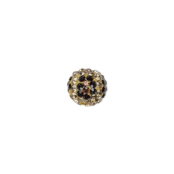 Bead, brass / resin / Egyptian glass rhinestone, topaz brown / light brown / black, 10mm round with pavé flower design. Sold individually. image number 0