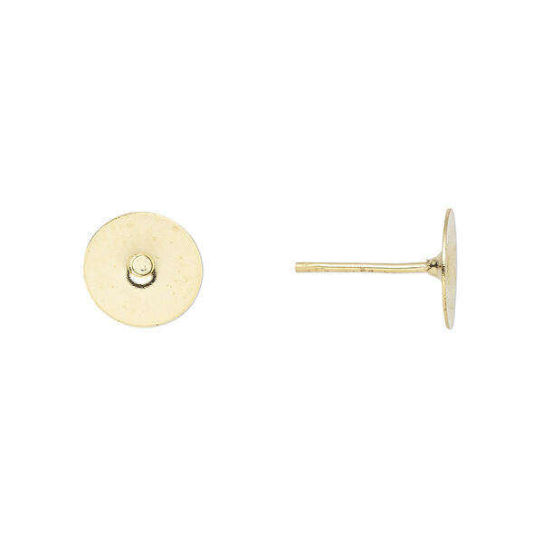 Earstud, gold-plated brass and steel, 8mm flat pad. Sold per pkg of 50 pairs. image number 0