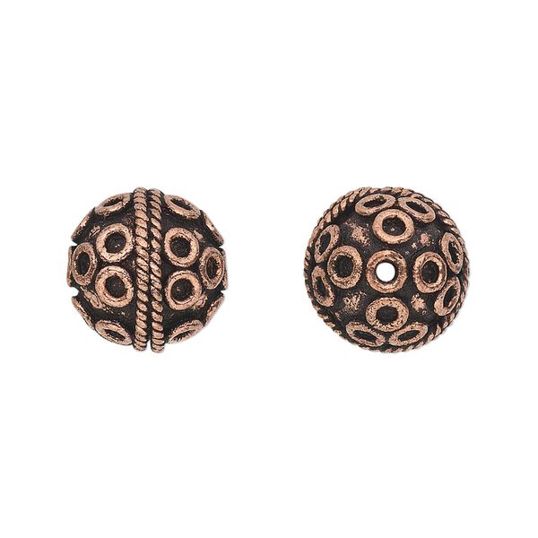 Bead, antique copper-plated copper, 13mm round with rope and circle pattern. Sold per pkg of 6. image number 0
