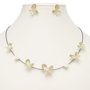 Necklace and earring set, enamel / resin / stainless steel / imitation rhodium-plated steel / "pewter" (zinc-based alloy), matte and opalescent black / gold / white, butterfly, 18-inch necklace with 2-inch extender chain and lobster claw clasp, 19x18mm butterfly with post. Sold per set.