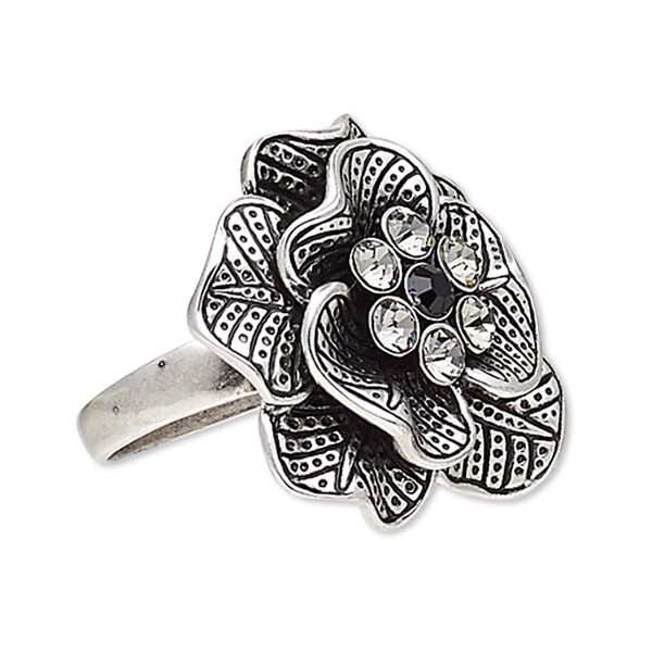 Ring, Austrian crystal and antique silver-plated "pewter" (zinc-based alloy), clear and black, 29x29mm flower with etched design, size 10. Sold individually. image number 0