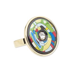 Ring, Avant-Garde Jewelry Collection, enamel / Czech glass rhinestone / gold-plated brass, green / yellow / multicolored, 25mm flat round with abstract design, size 8-1/2. Sold individually.