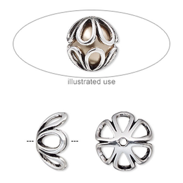 Bead cage, antique silver-plated "pewter" (zinc-based alloy), 14mm round with teardrop cutout design, fits up to 10mm bead. Sold per 2-piece set. image number 0