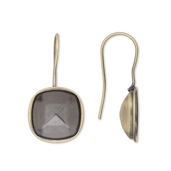Ear wire fishhook 1pkg4 Almost Instant Jewelry® antique gold-plated, 28x14mm / 12mm cushion glue-in setting, 20 gauge brass 2 pair image number 0