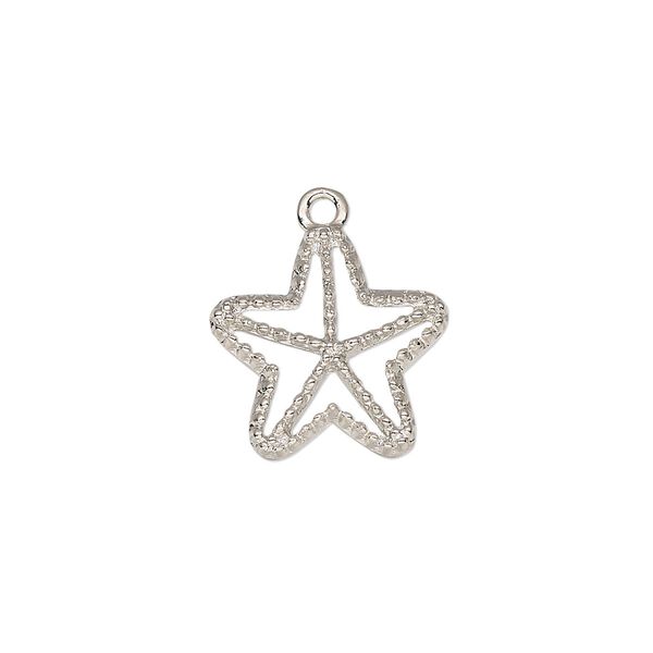Charm, imitation rhodium-plated "pewter" (zinc-based alloy), 16mm single-sided open starfish. Sold individually. image number 0