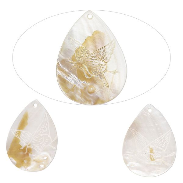 Focal, mother-of-pearl shell (natural/bleached), 56x39mm-64x49mm hand-carved teardrop with butterfly design, Mohs hardness 3-1/2. Sold per pkg of 3. image number 0
