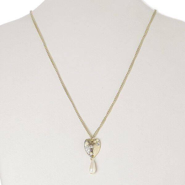 Necklace, acrylic / glass rhinestone / gold-finished steel / "pewter" (zinc-based alloy), white and clear, 35x16mm flat heart and pearl, 18 inches with 3-inch extender chain and lobster claw clasp. Sold individually. image number 0